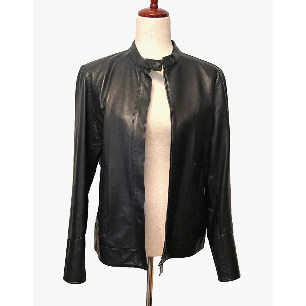 Faconnable Women's M Black Lambskin Leather Moto Jacket City Biker Rock Gothic - Picture 5 of 11